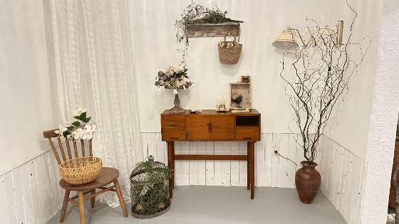 Vintage corner with teak furniture and lace
