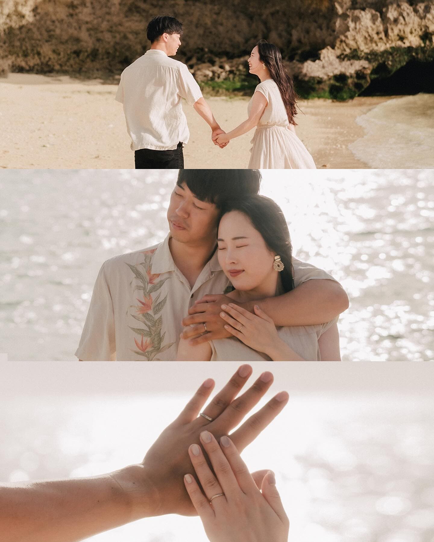 Three scenes of a casual couple by the sparkling sea in Okinawa, hands showing their rings