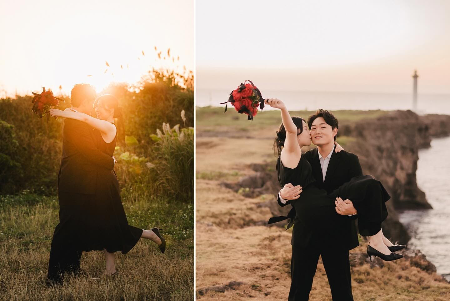 夕日の草原で踊る二人と崖で花嫁を抱き上げる新郎の組写真、沖縄