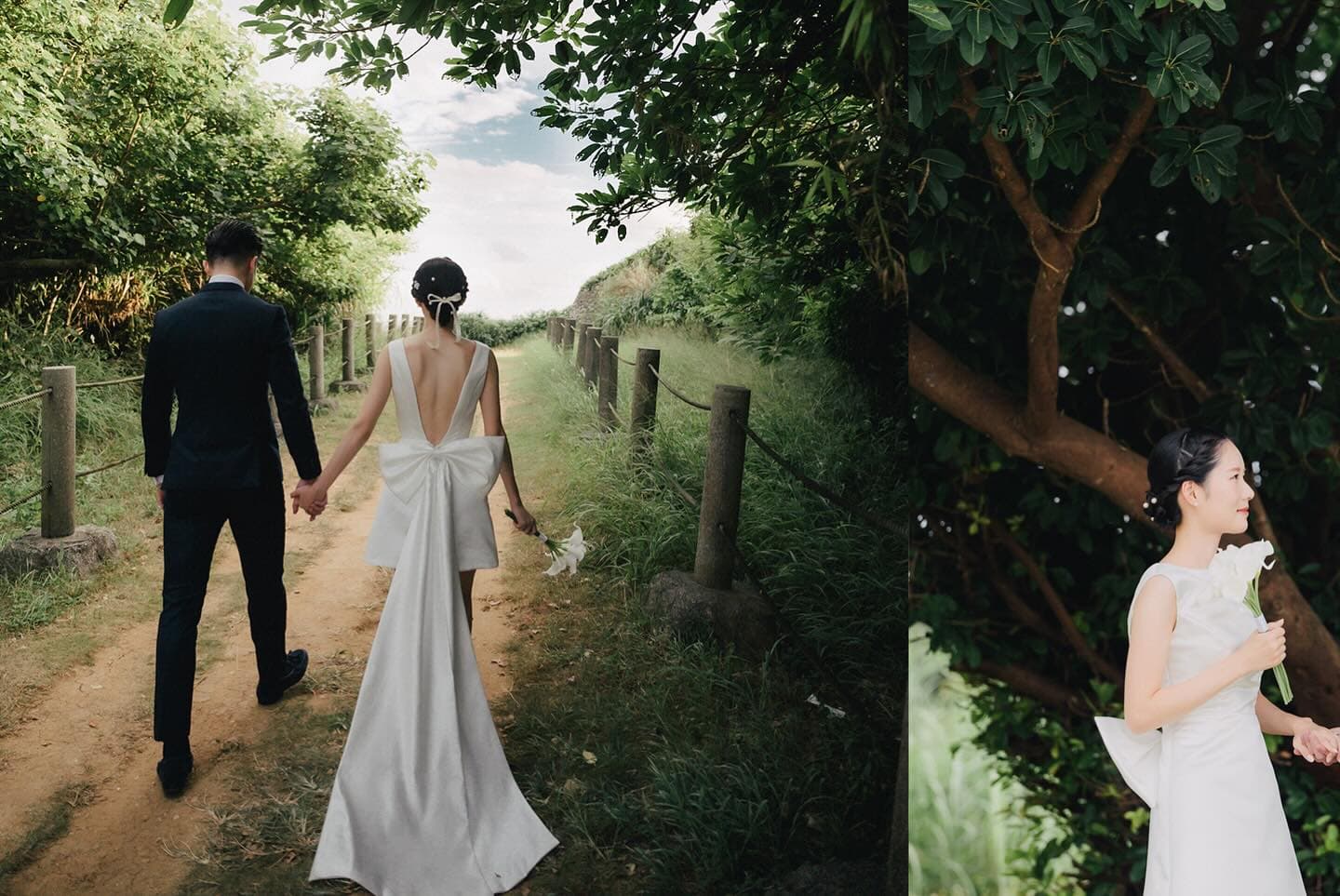 Two frames: the couple on a grassy path and the bride beneath a tree, Okinawa