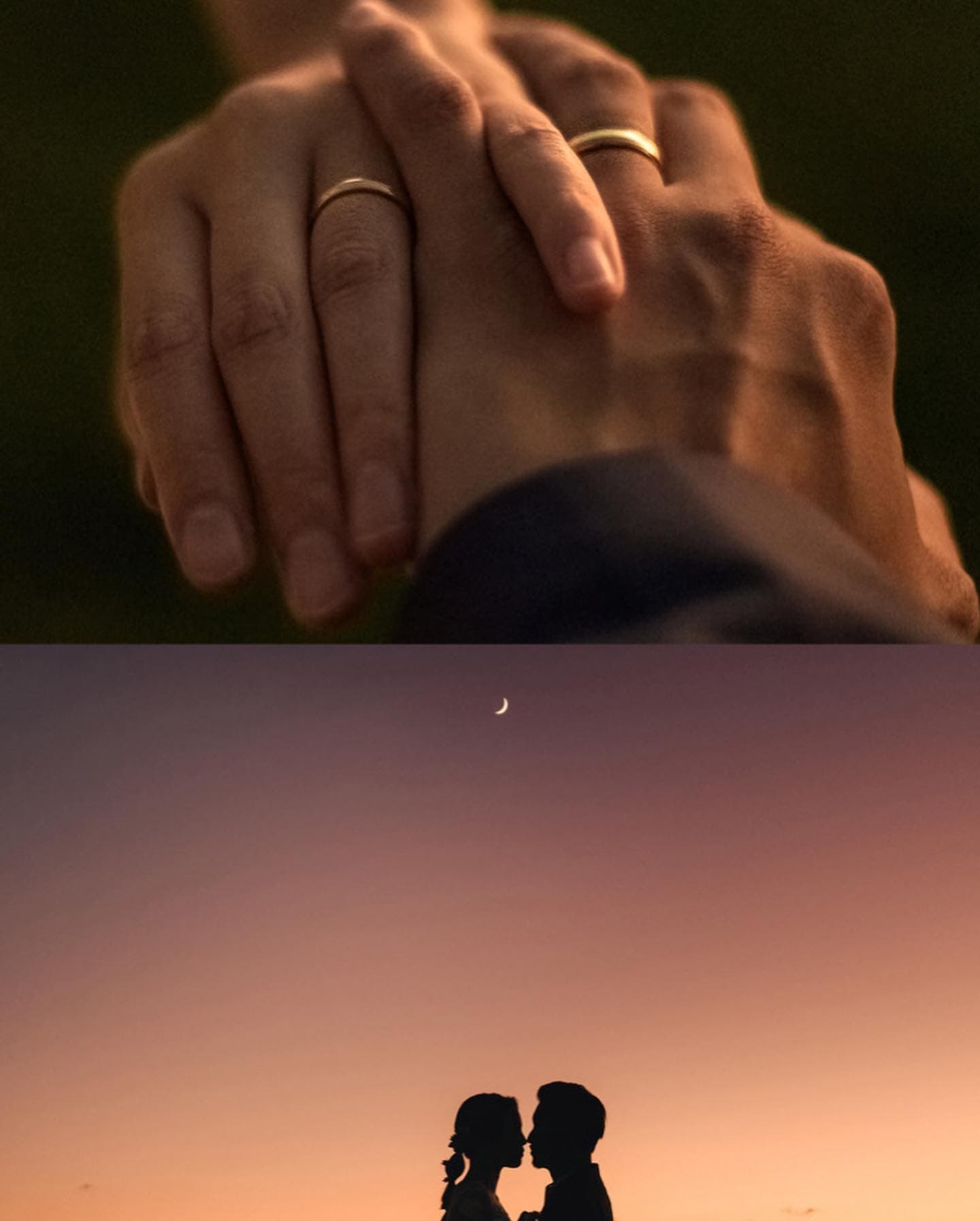結婚指輪を重ねた手元と、三日月の夕空に浮かぶふたりのシルエット
