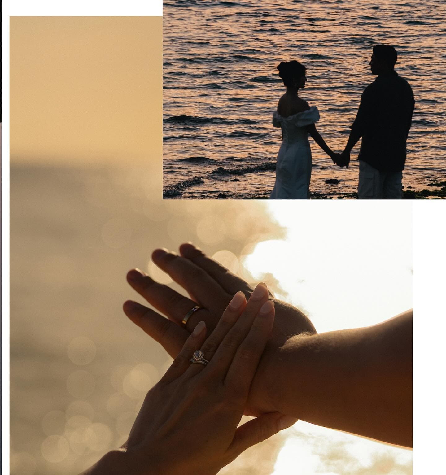 夕日の海辺で手をつなぐふたりと、結婚指輪を重ねた手元のコラージュ