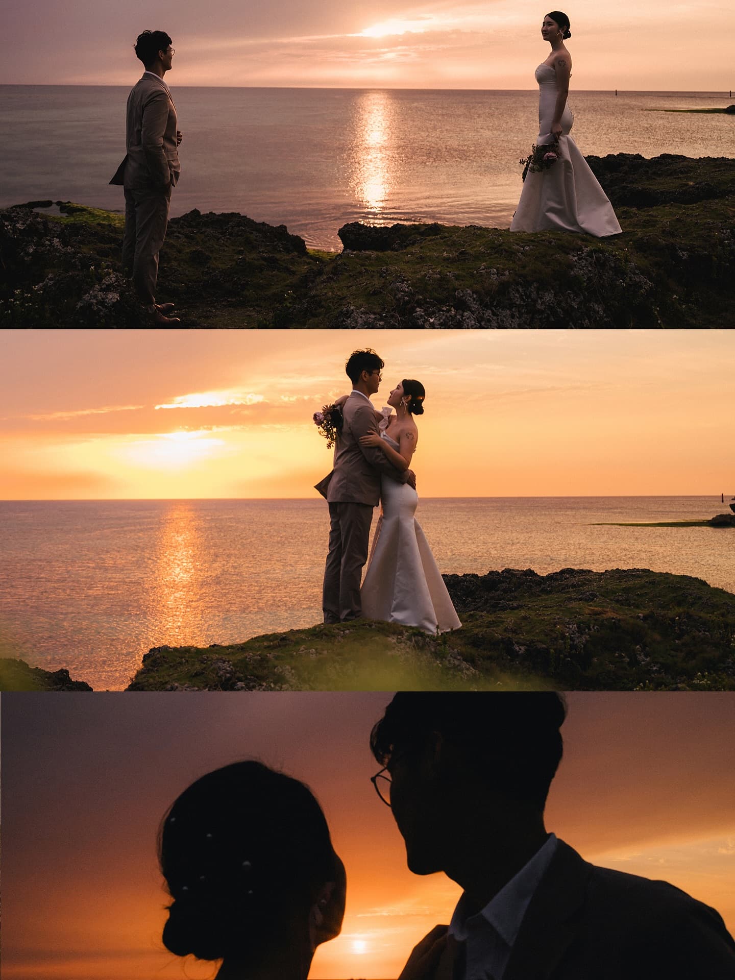 Three sunset scenes of a bride and groom by the Okinawa sea