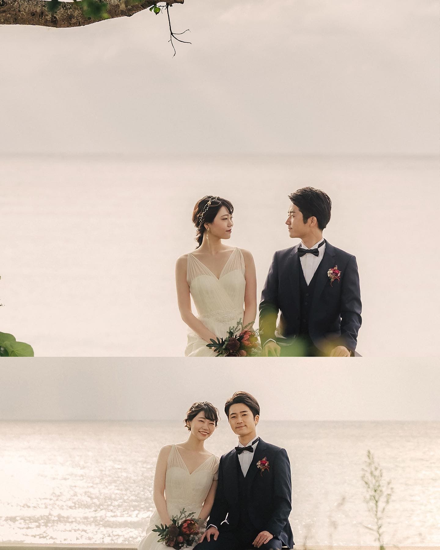 Two scenes of a couple seated together by the silvery afternoon sea in Okinawa