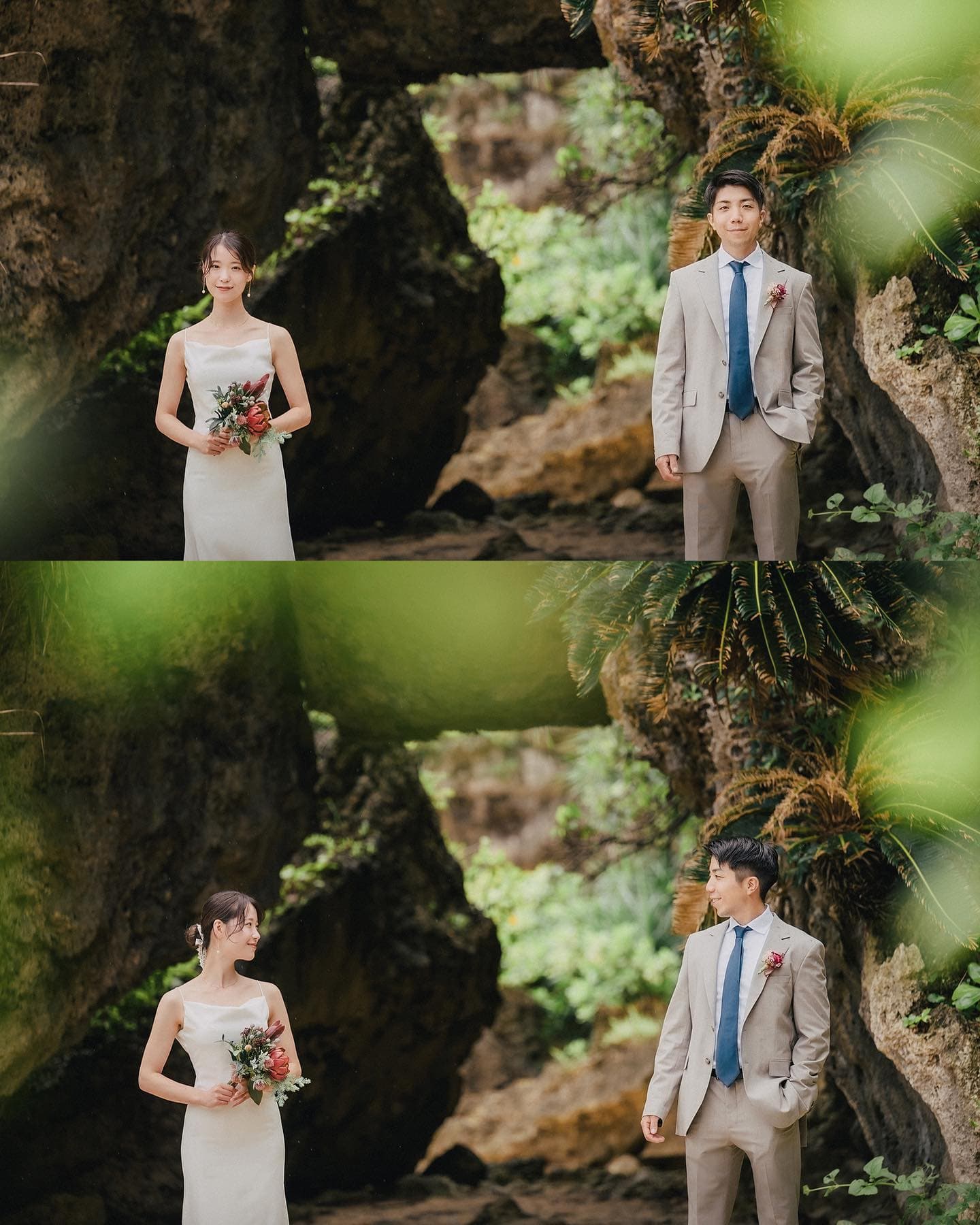 宮古島の岩場と緑の中、それぞれポーズをとる新郎新婦の2カット。