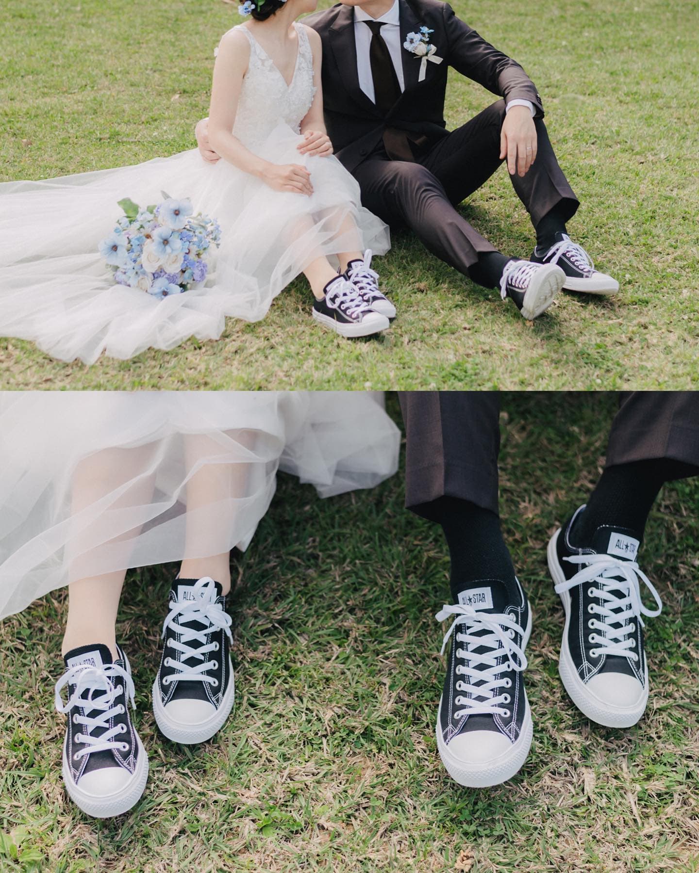 Bride and groom seated on the lawn, matching sneakers peeking from dress and suit