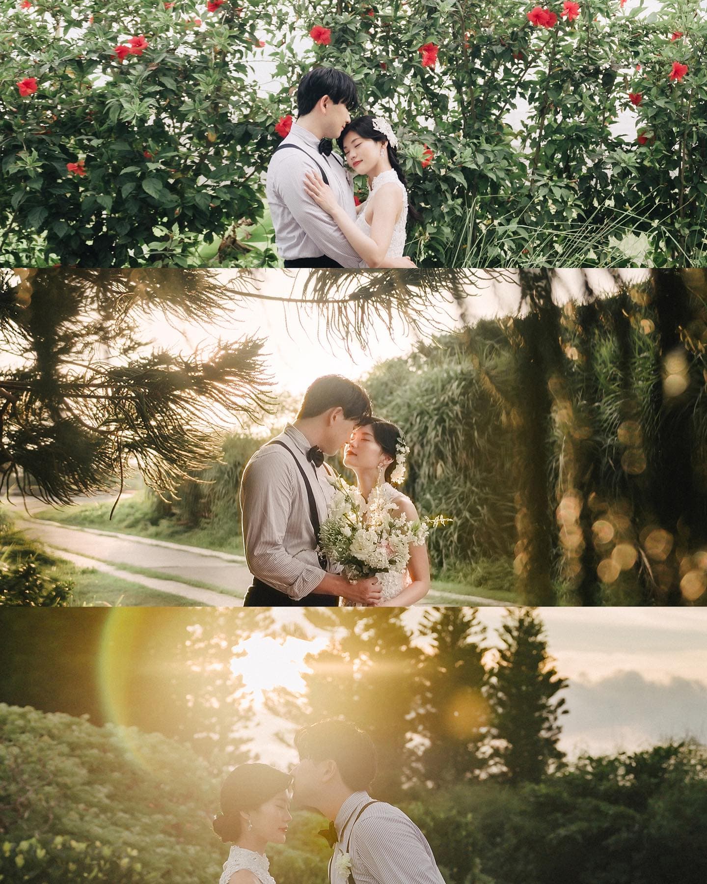 Collage of the couple among hibiscus, a green path, and sunset