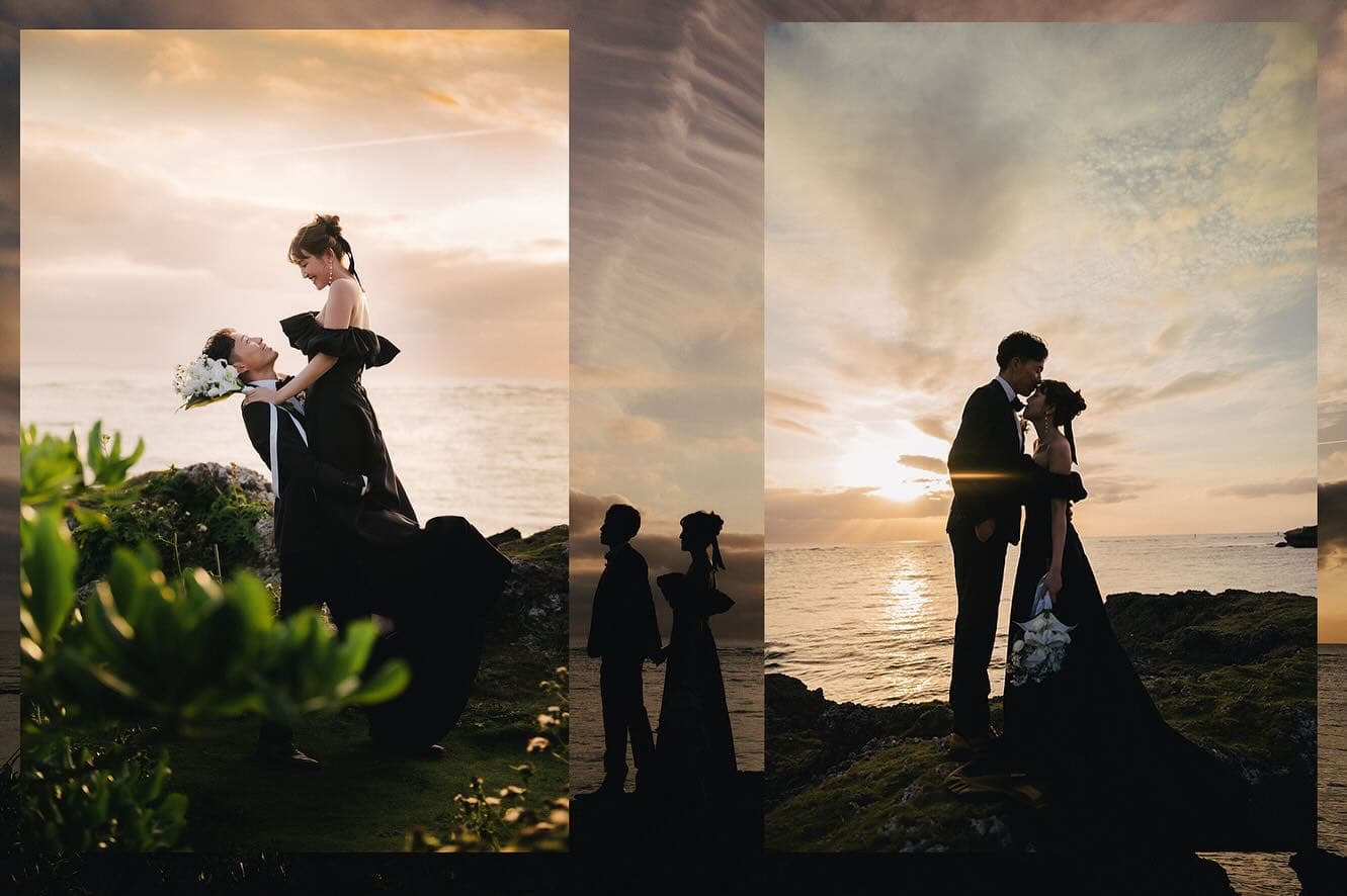 Three-photo collage of a couple in black at sunset on the Okinawa coast