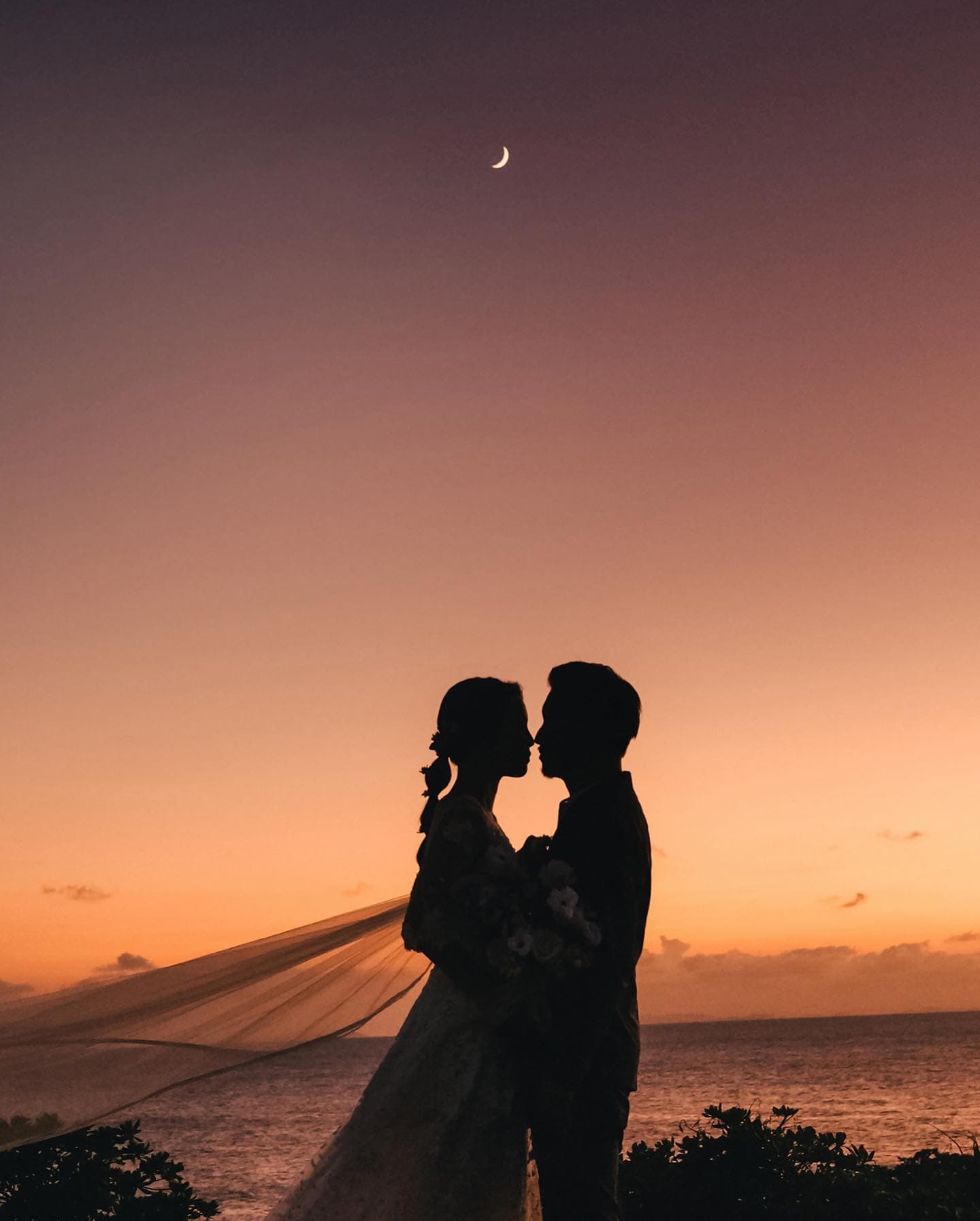 三日月の残る夕焼け空、ベールをなびかせ向かい合う新郎新婦のシルエット