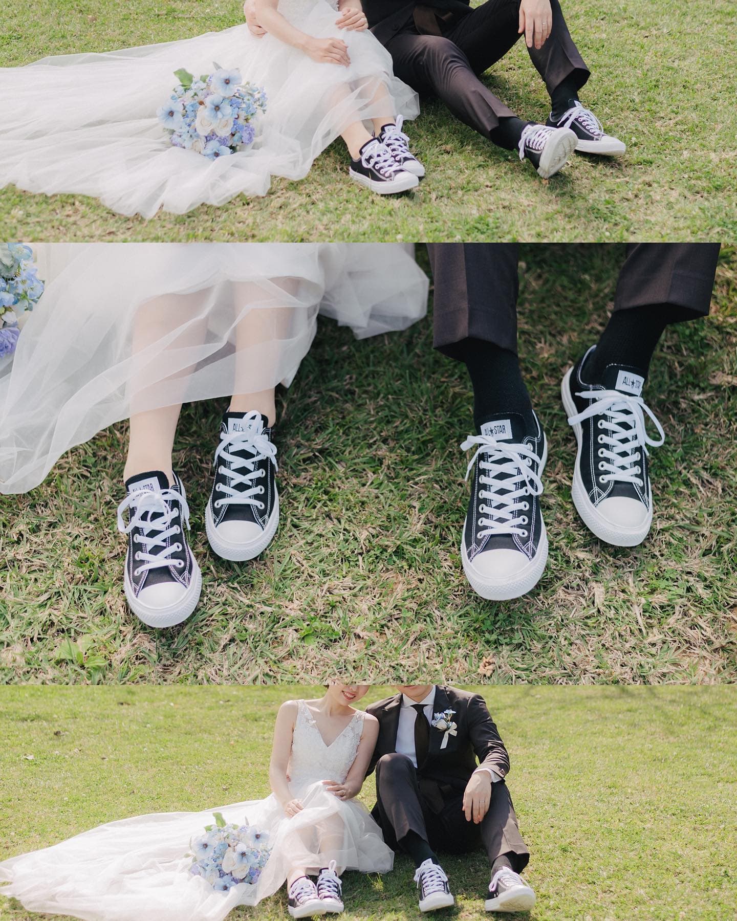 Three frames of a couple in wedding attire showing matching black sneakers on the grass