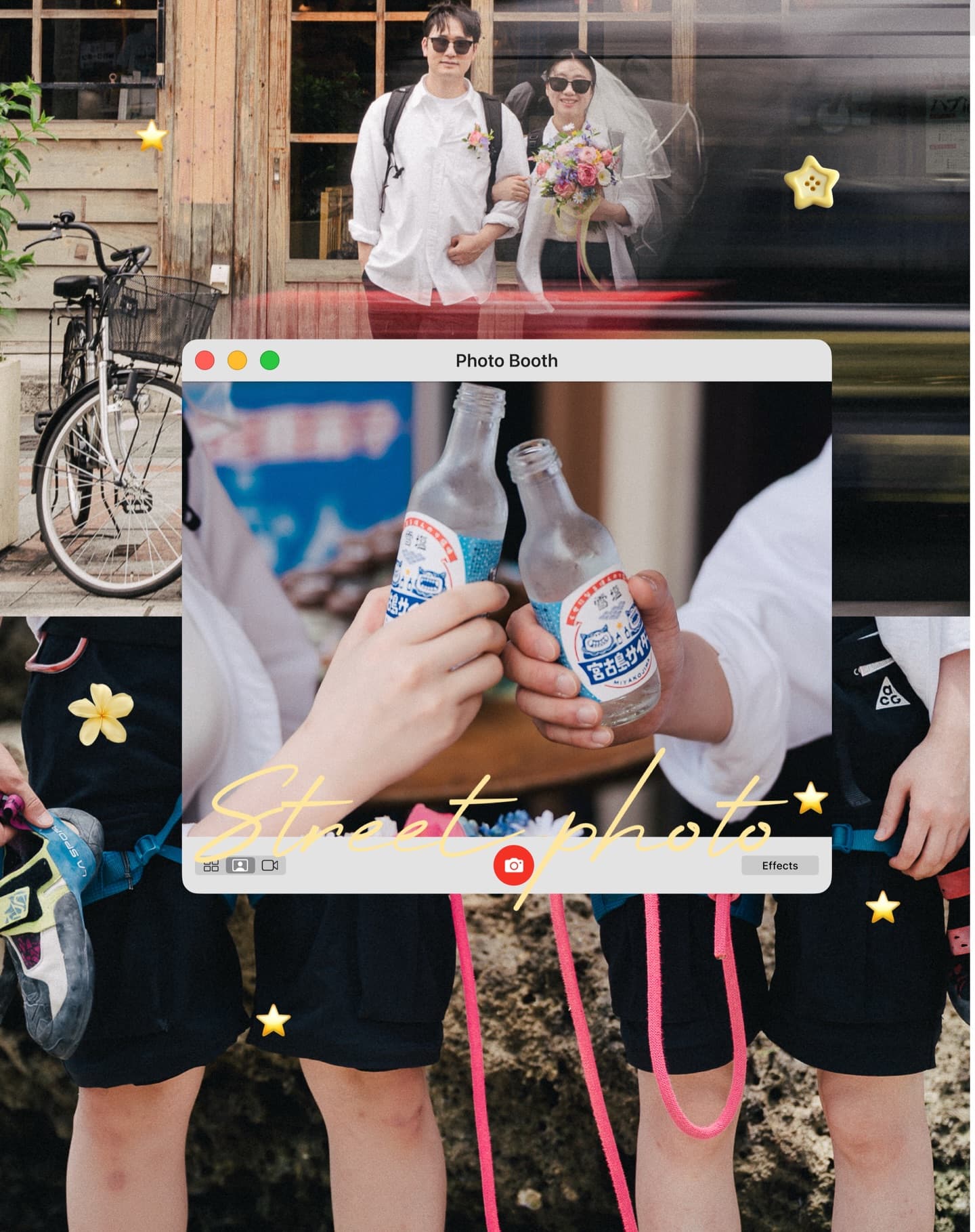 瓶ドリンクで乾杯する手元とベール姿の二人、沖縄の街フォトコラージュ