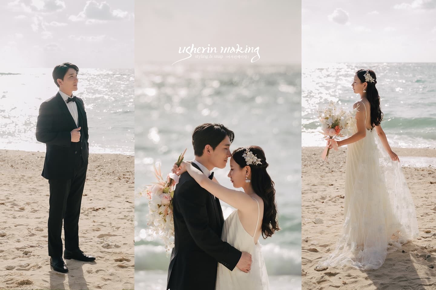 Three-panel collage of a bride and groom on a sparkling Okinawa beach