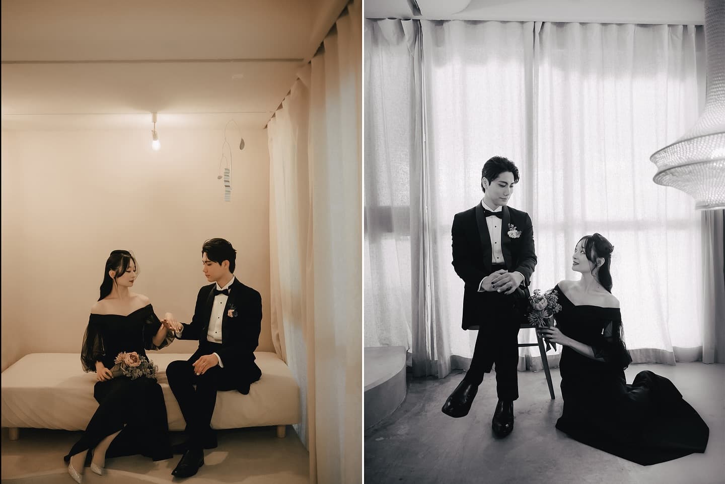 화이트 스튜디오에서 블랙 의상을 입은 신랑 신부 두 컷