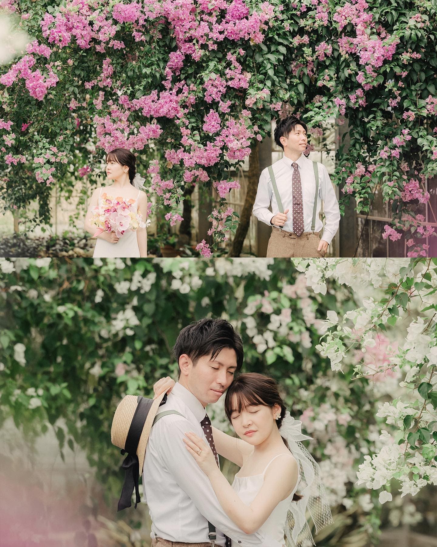 ピンクと白のブーゲンビリアに囲まれた二人を写した2枚組、沖縄