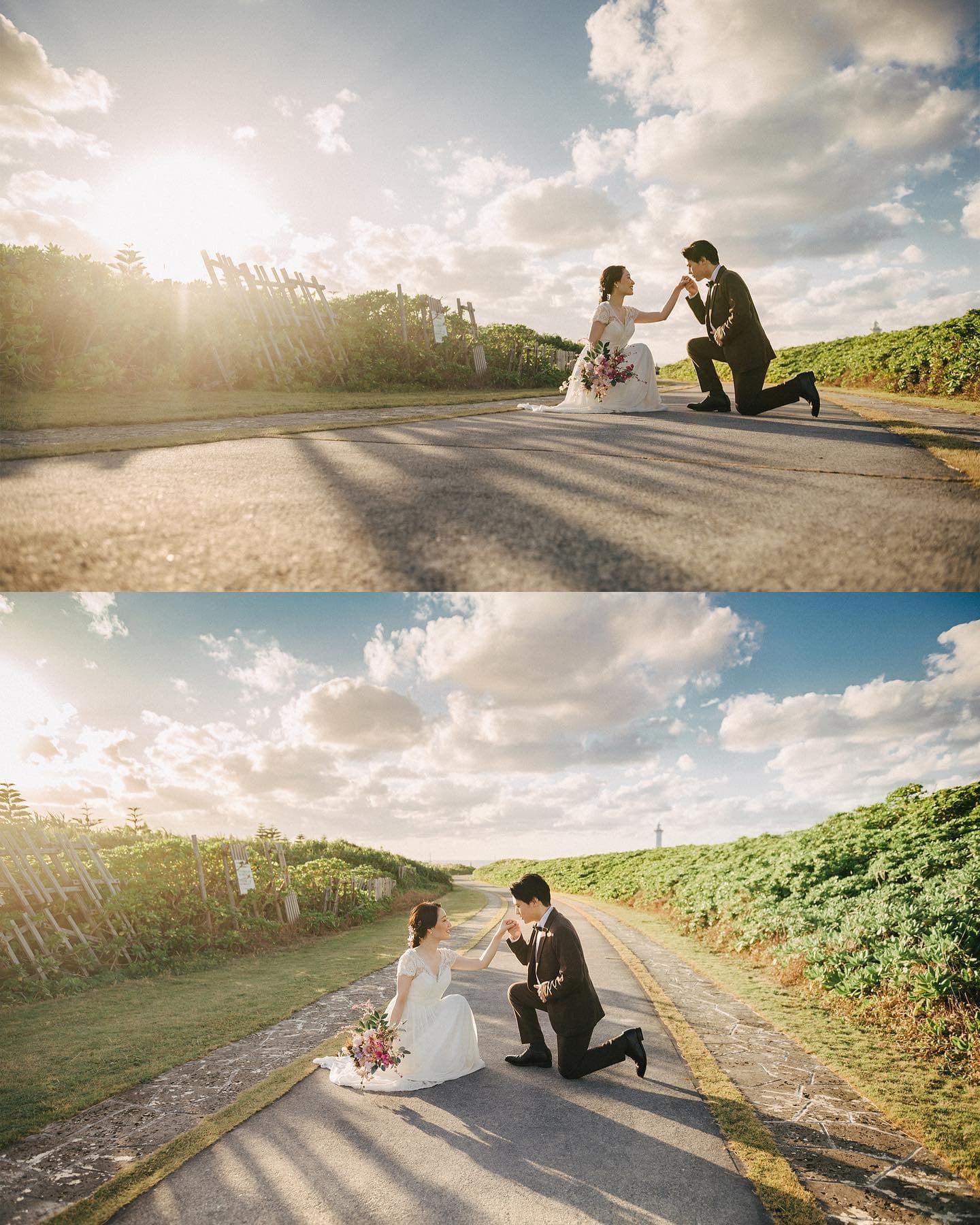 Two frames of a couple on a sunlit Okinawa road at dusk, the groom kneeling