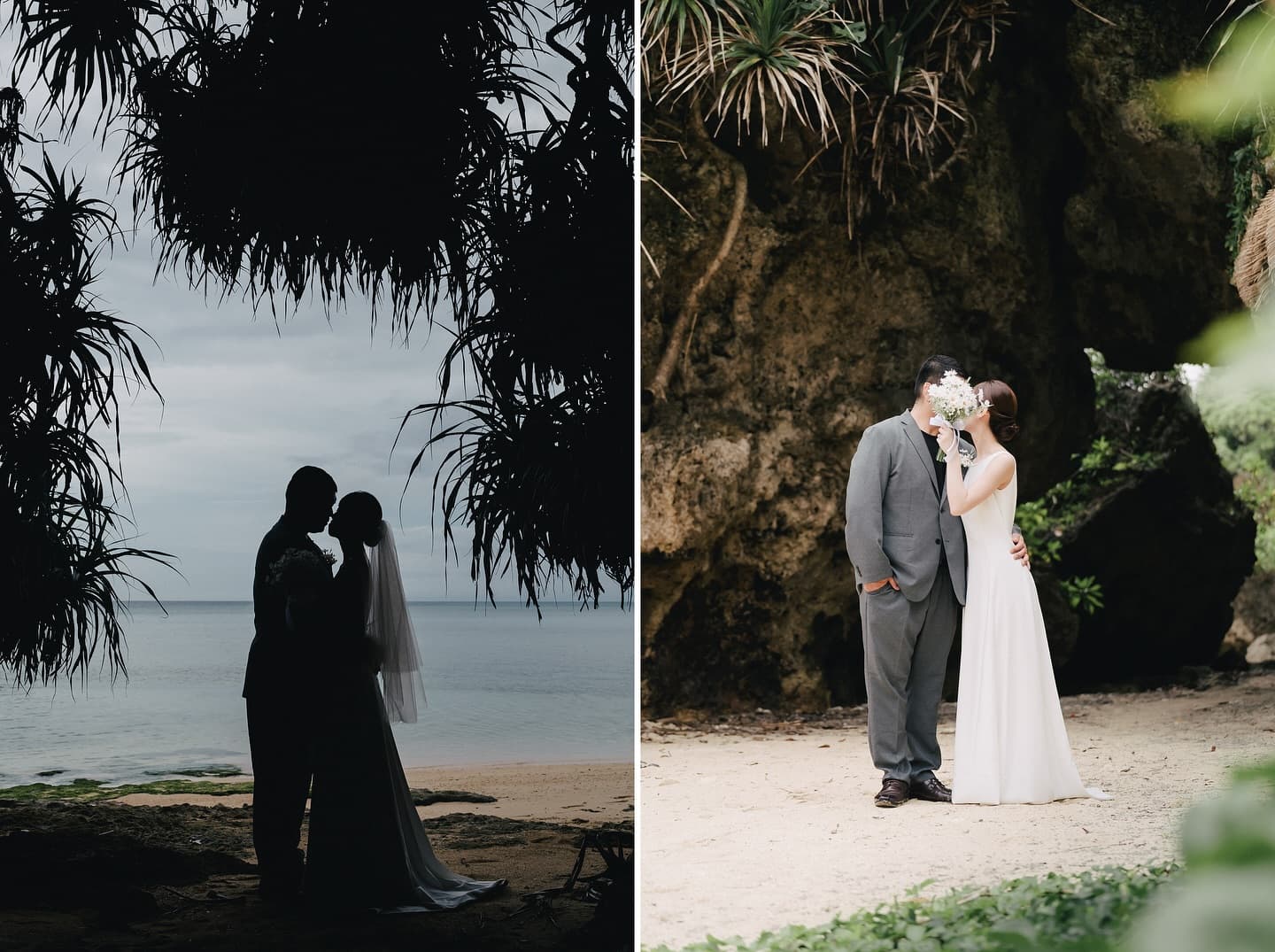 Couple by pandanus shade and a rock cliff on a cloudy day in Okinawa