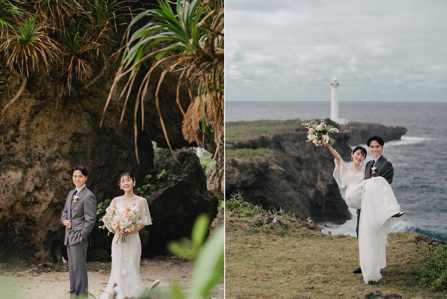 Couple under cliffs, and the groom carrying the bride by a lighthouse