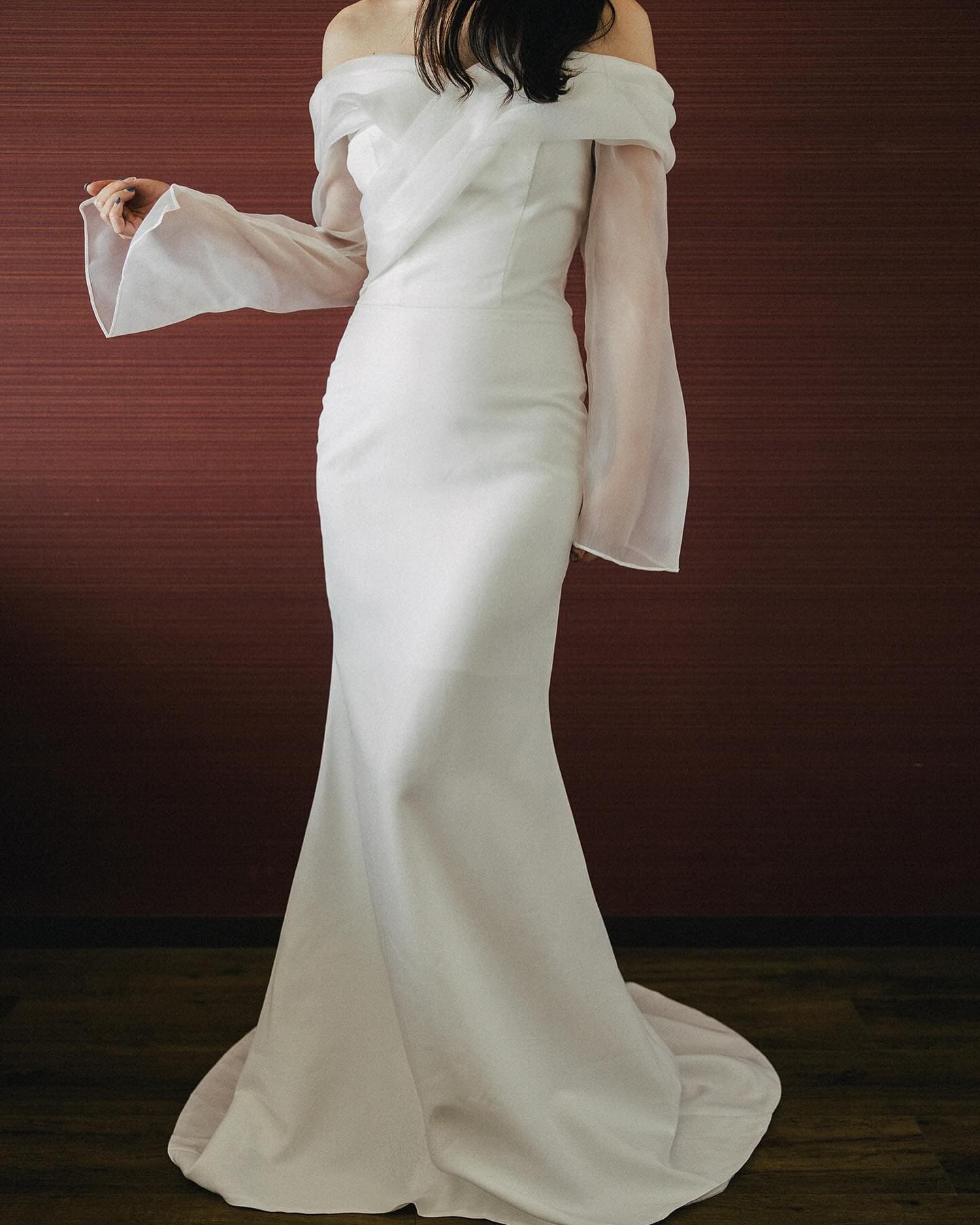 Off-shoulder mermaid dress with sheer organza bell sleeves, full length