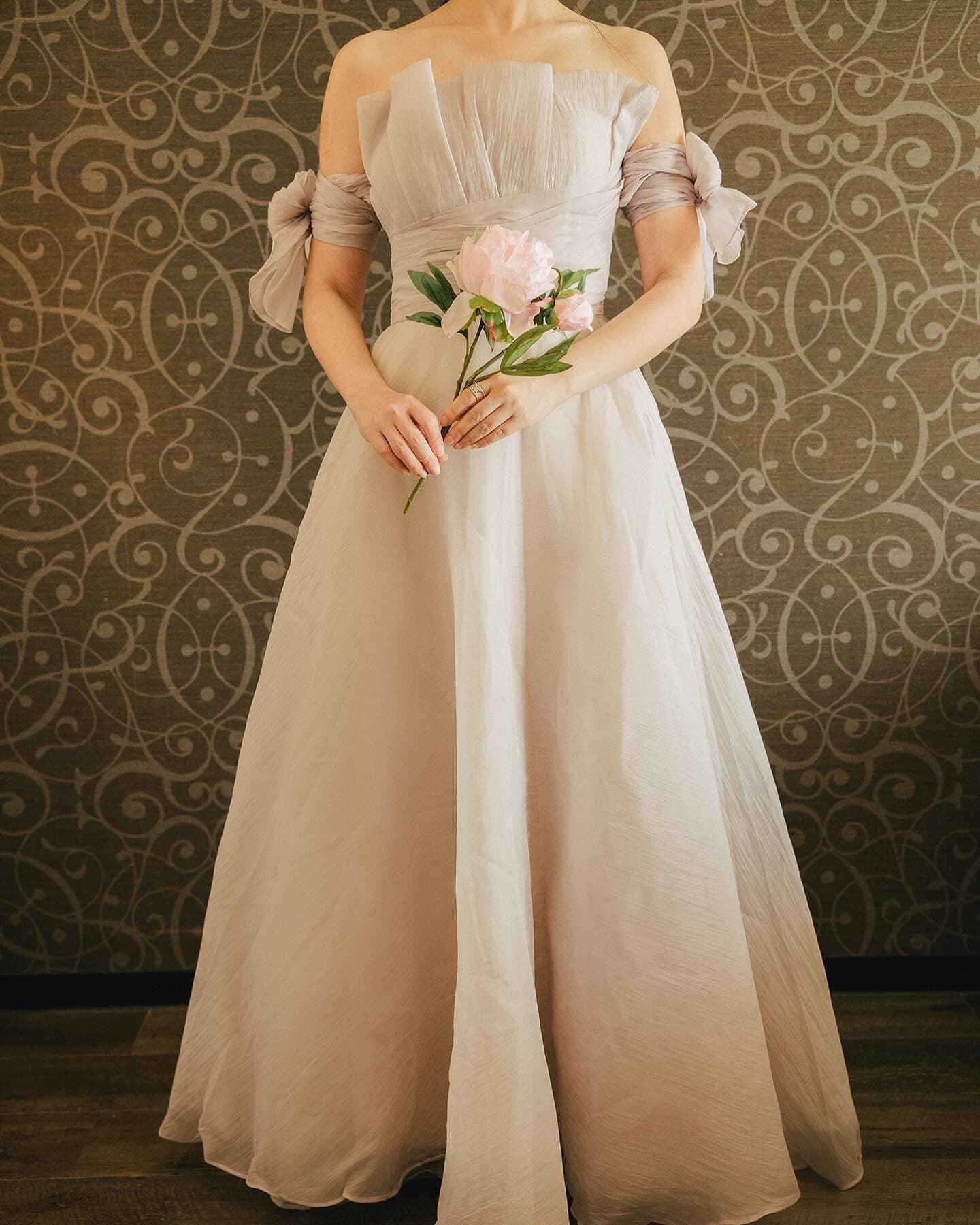 Pale purple-gray A-line dress with ribbon-tied off-shoulder sleeves, front view