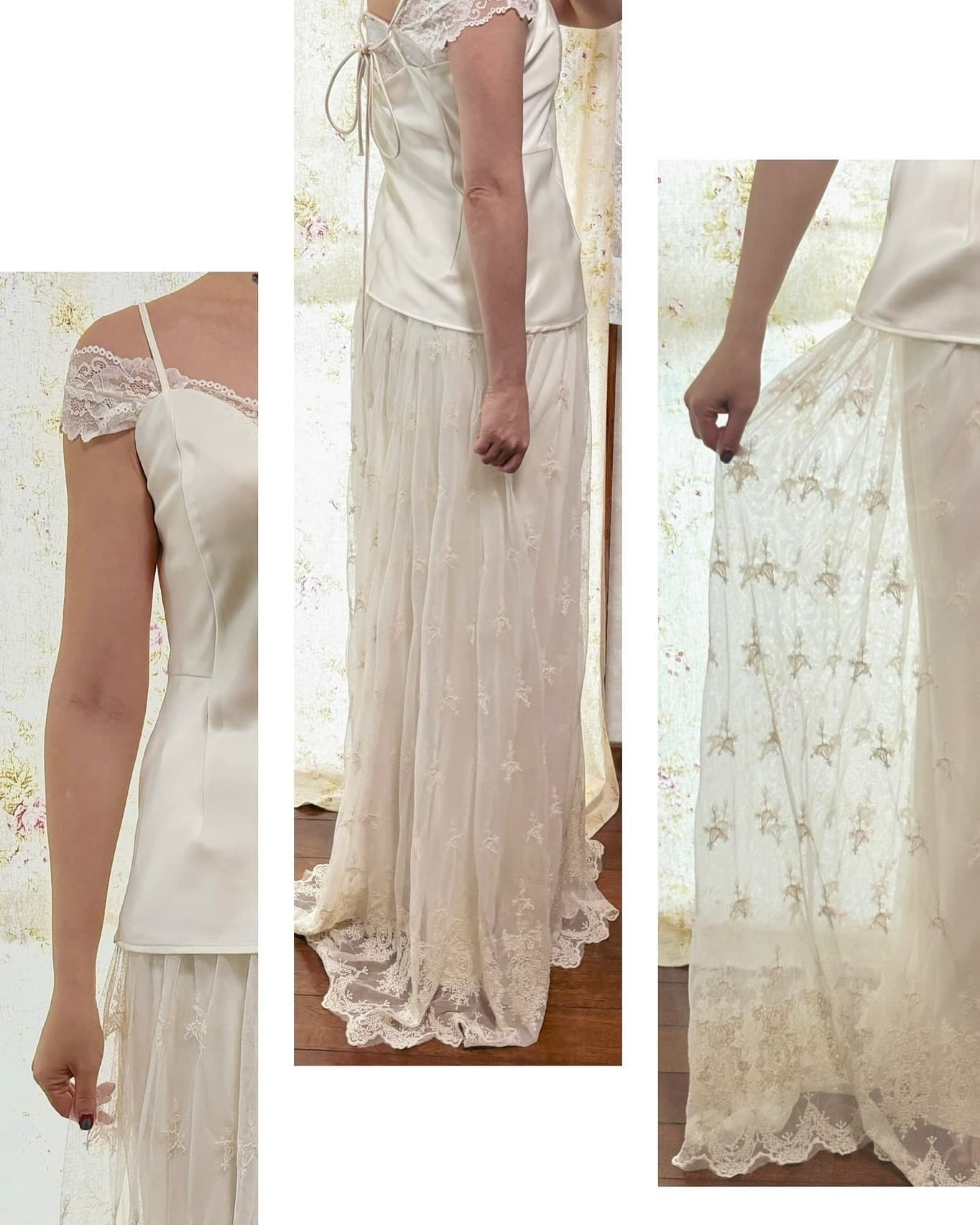 Three-view collage of a satin camisole top with an embroidered lace skirt