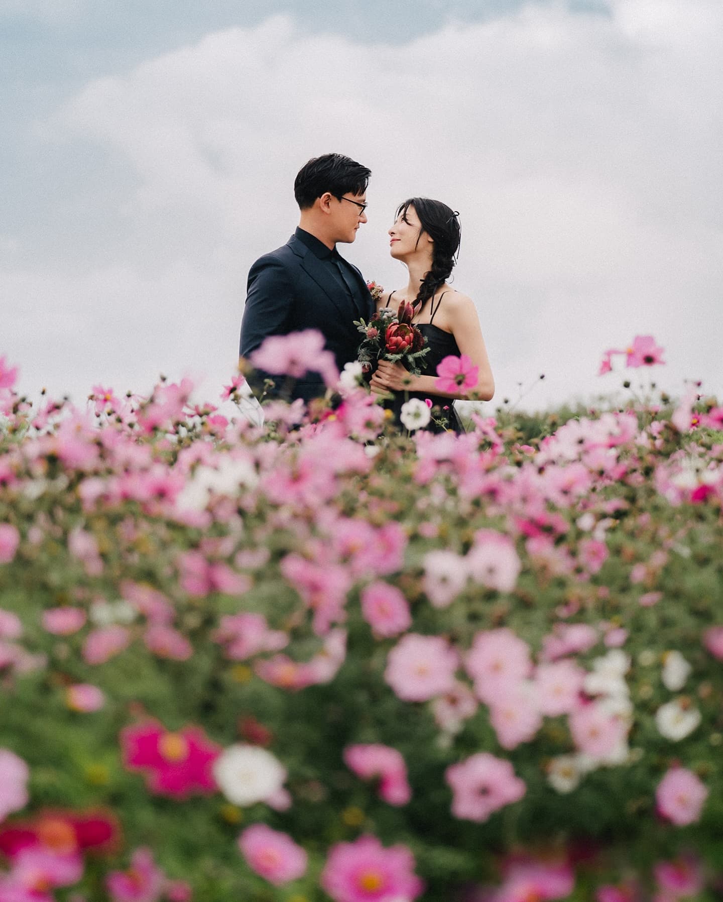 Couple gazing at each other among blooming cosmos flowers in Okinawa