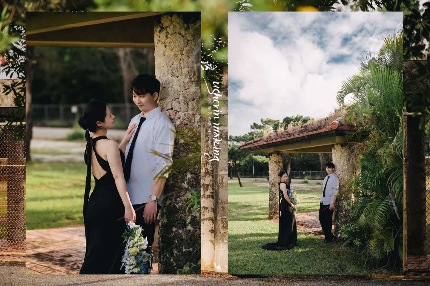 Bride in a black dress gazing up at the groom by stone pillars amid Miyako Island greenery