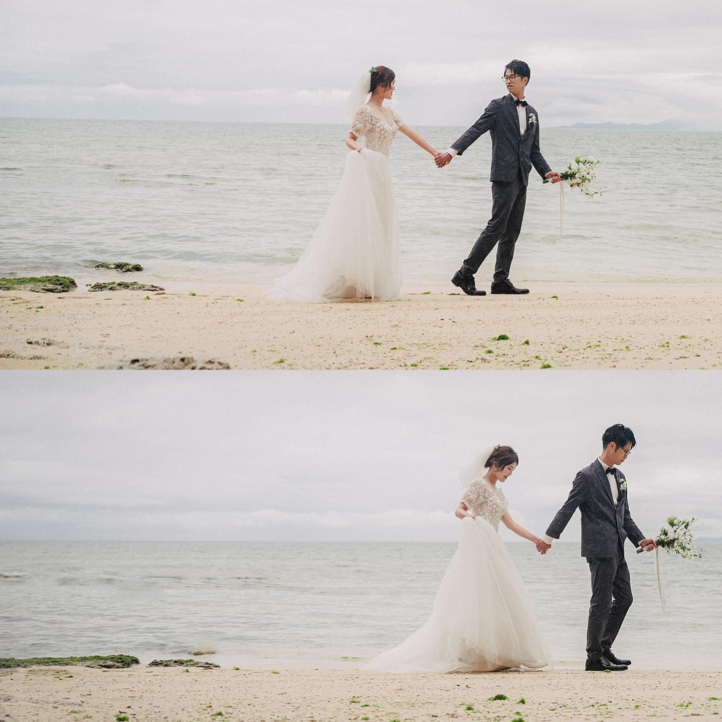 Two frames of a couple walking hand in hand on an overcast Okinawa beach