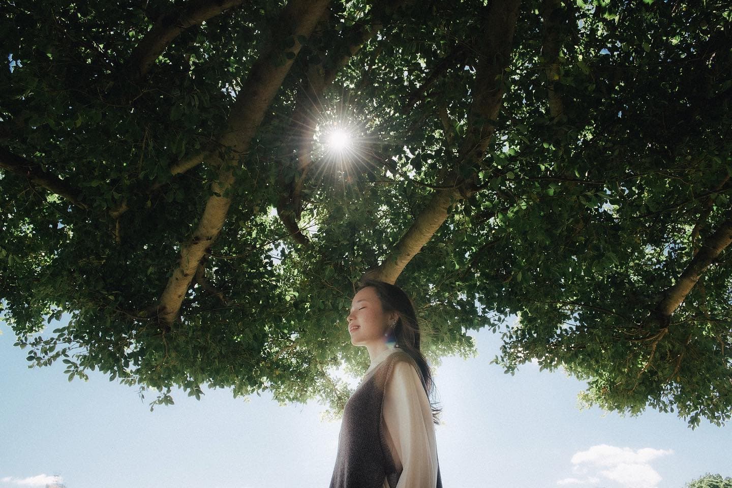 Woman smiling beneath backlit leaves under a clear Okinawa sky