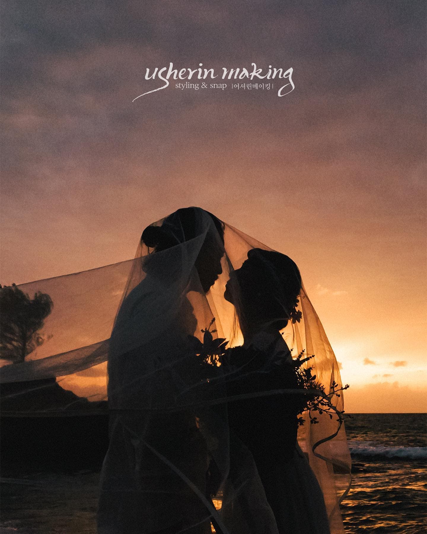 Silhouetted couple beneath a flowing veil against a dramatic dusk sky