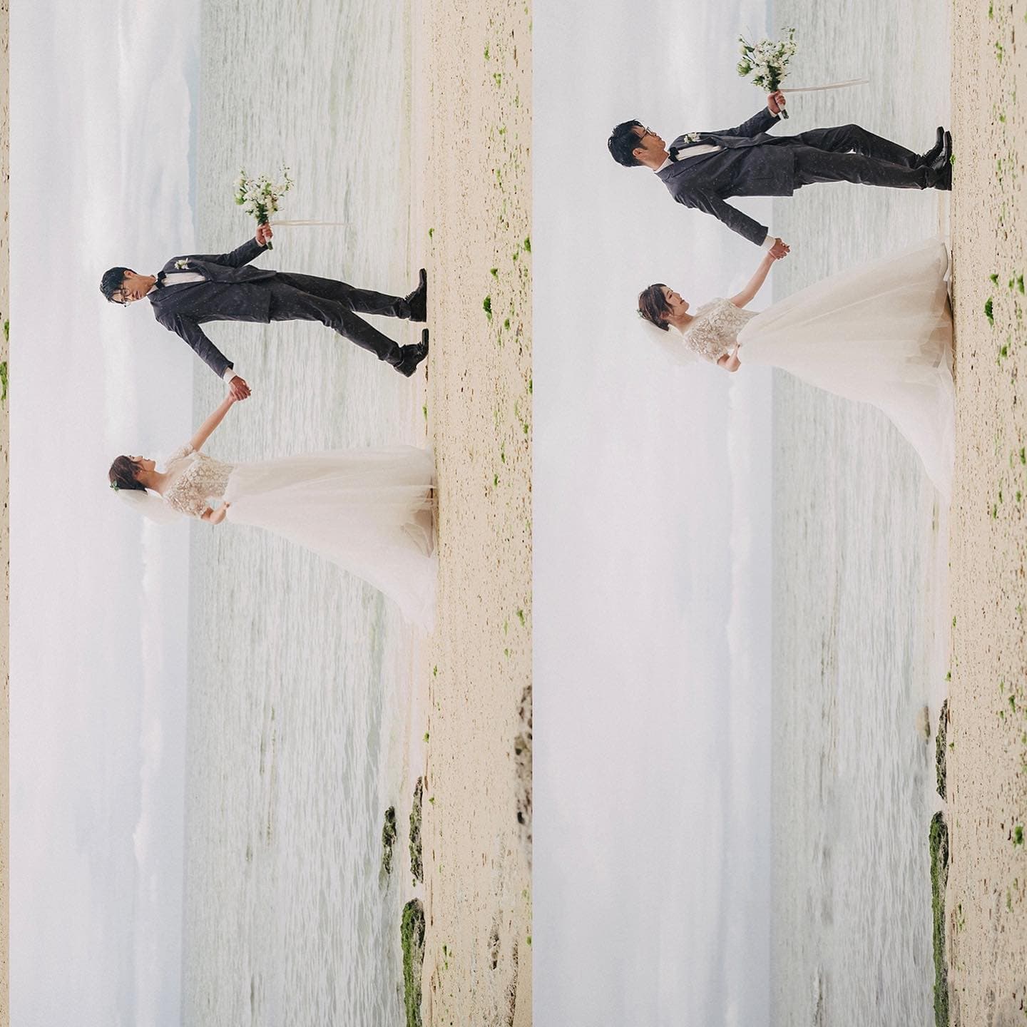 Two-panel collage of a bride and groom strolling along an overcast Okinawa shore