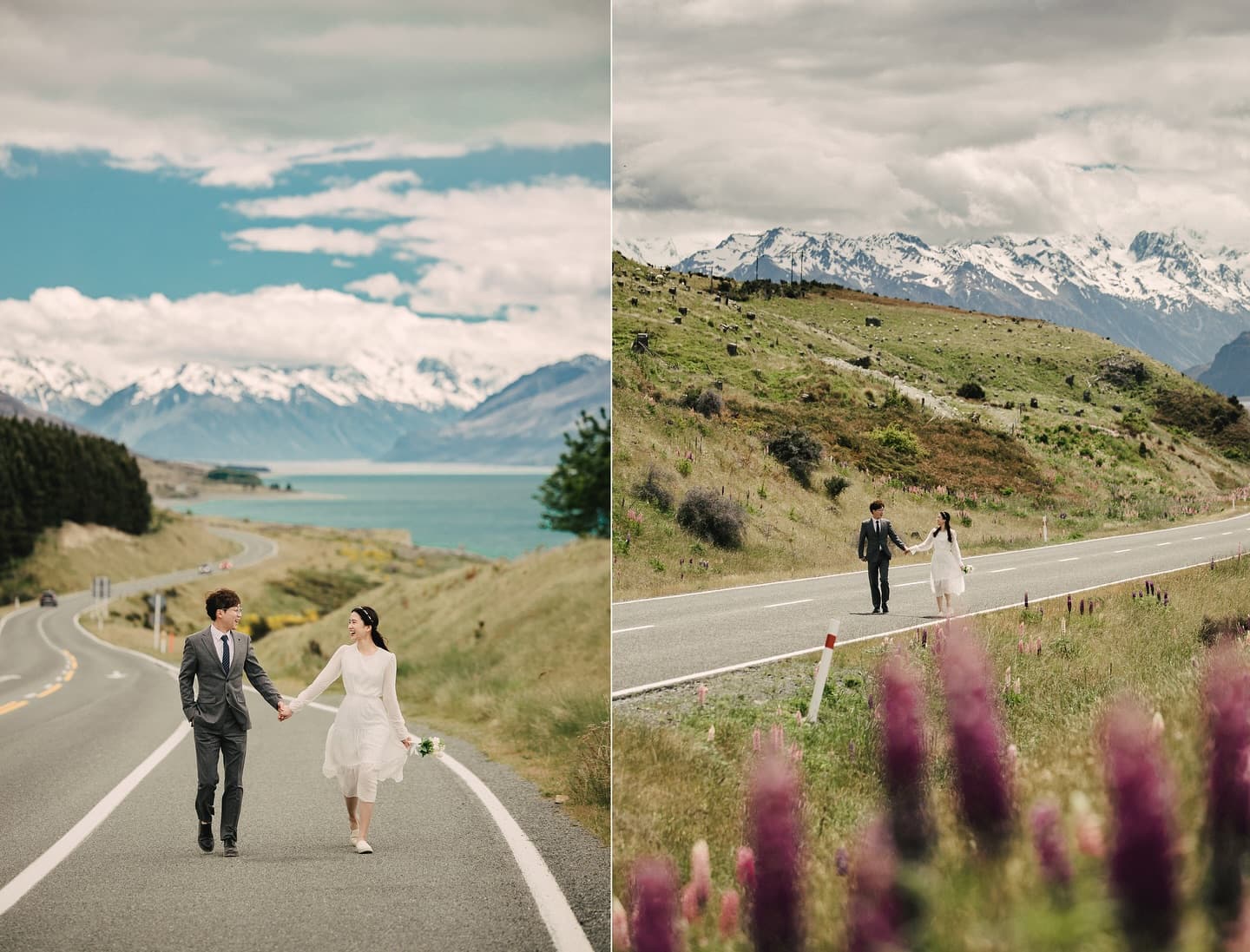 Two scenes of a bride and groom walking a mountain road above a lake in New Zealand