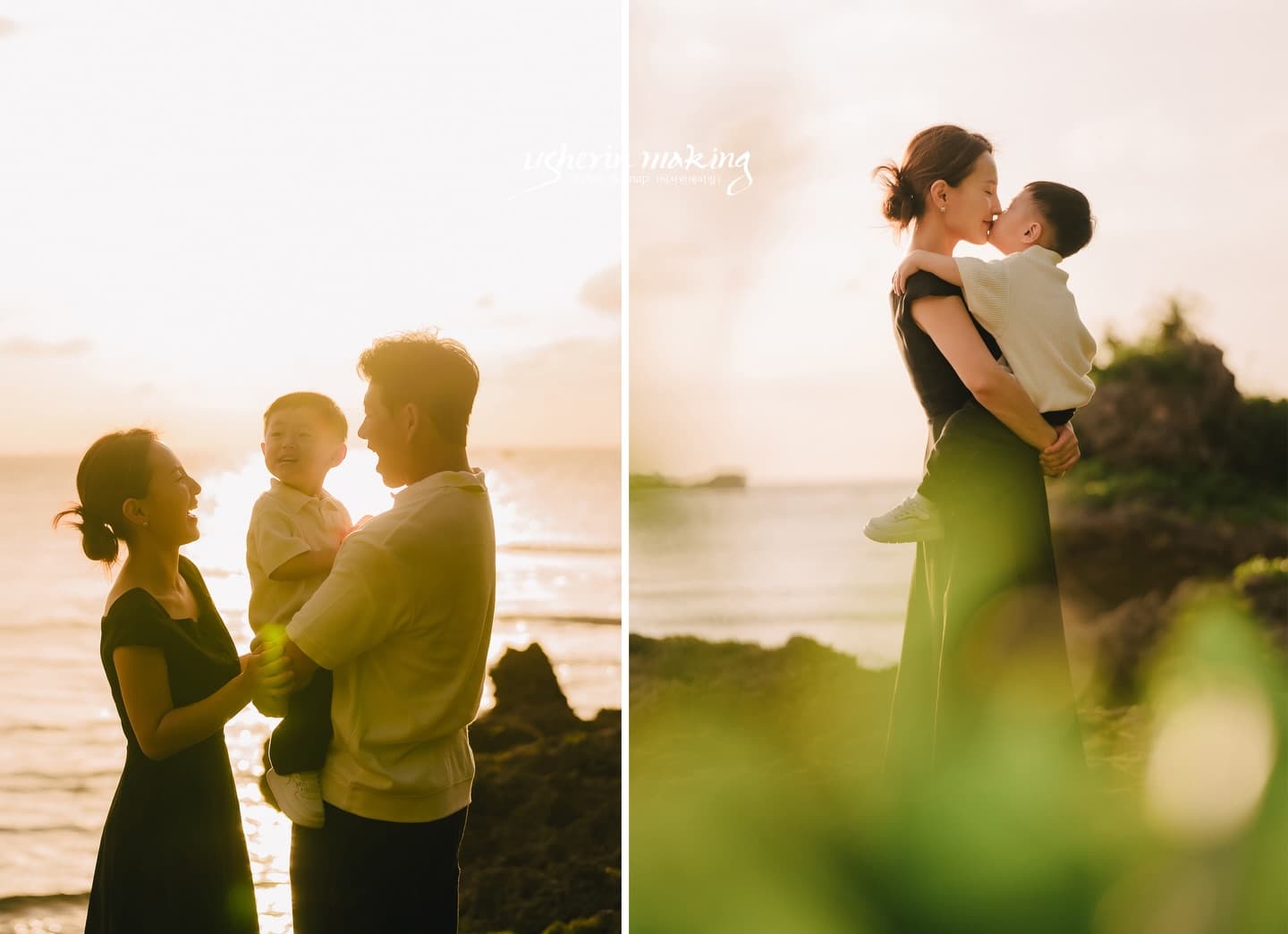 Parents cuddling their little boy by a golden Okinawa sea, two scenes