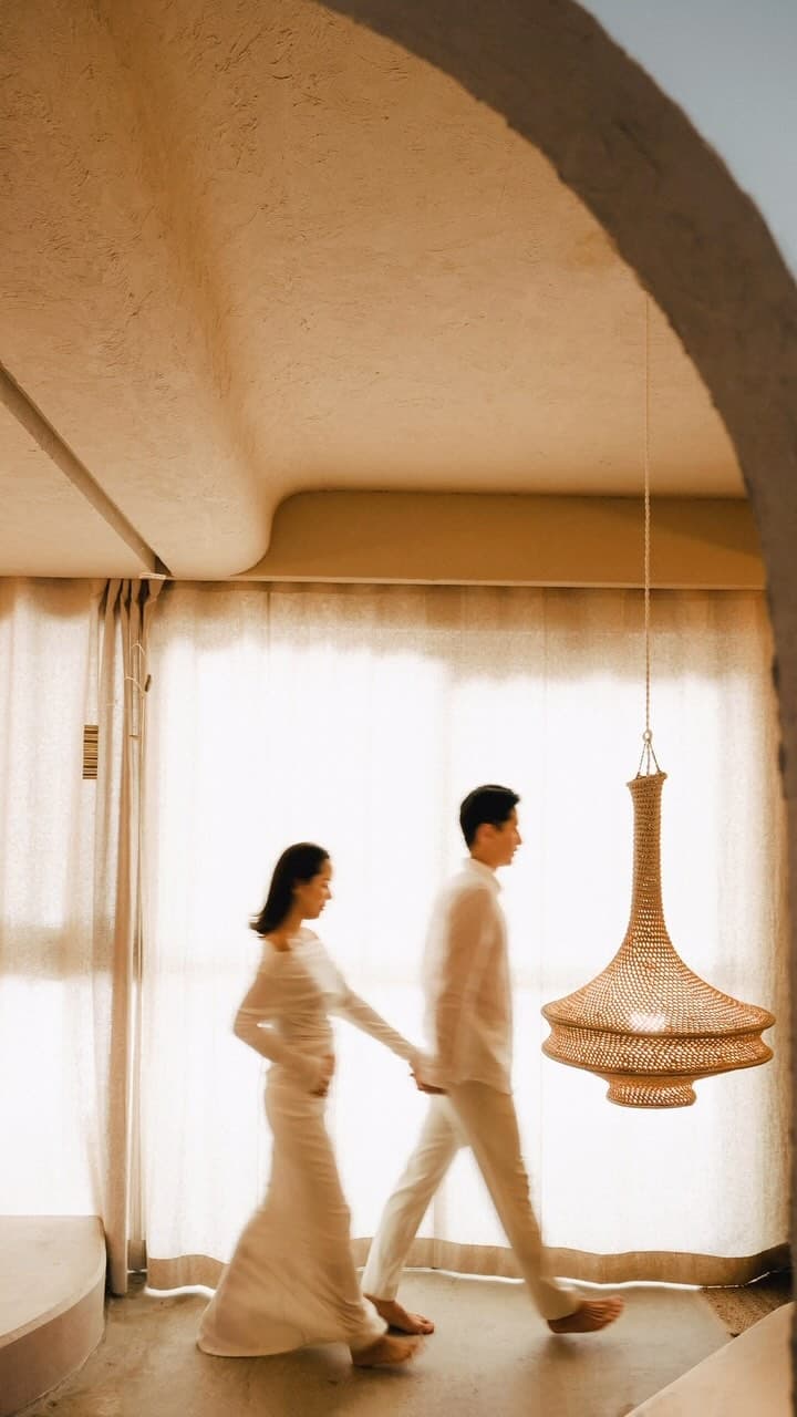 Couple in white walking hand in hand through a studio set with an arch and a rattan lamp
