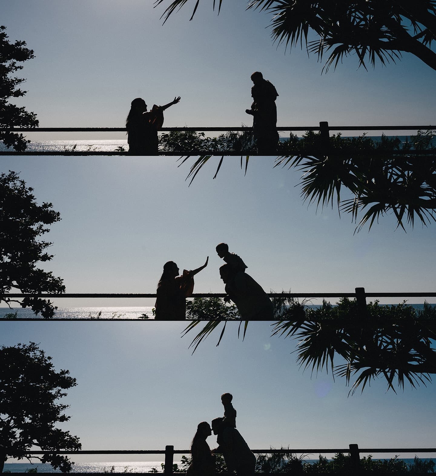 Silhouette series of a family playing by the Okinawa sea