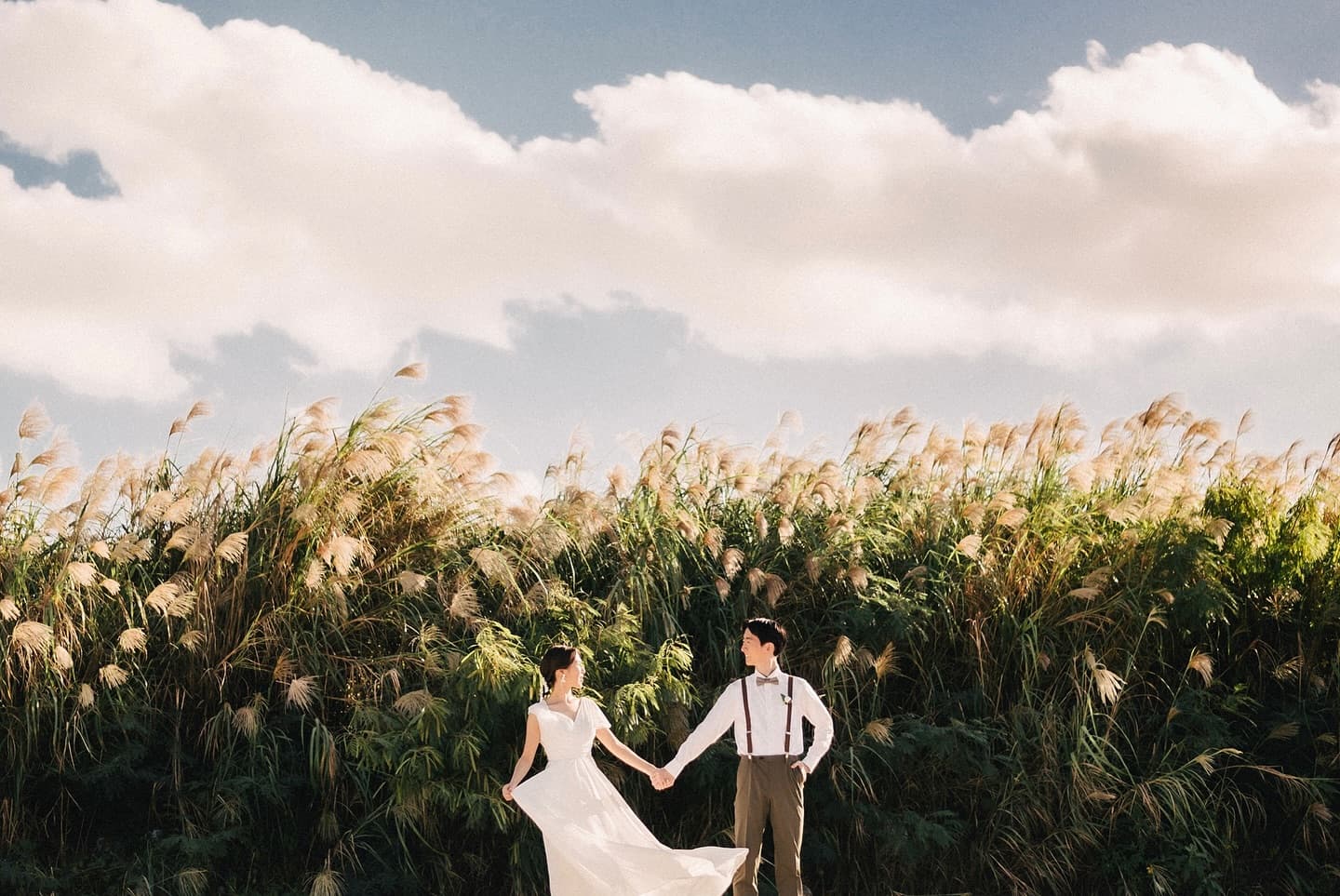Couple holding hands before tall pampas grass under a blue sky in Okinawa